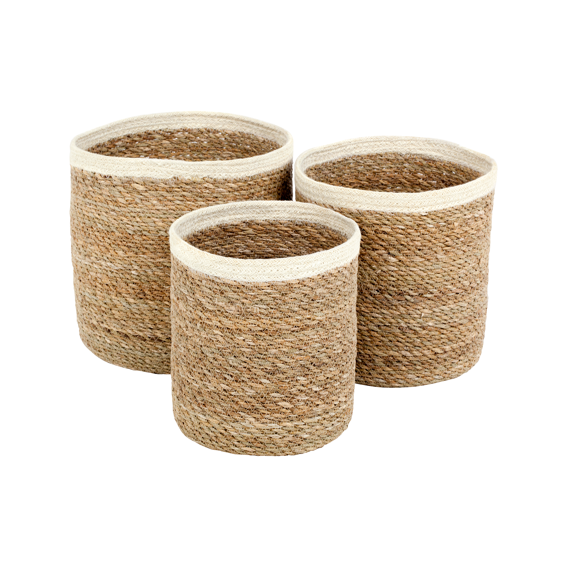 Stor rund korg av sjögräs med vit kant av jute Emil S/3