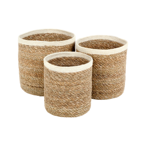 3st små runda sjögräskorgar med vit jutekant